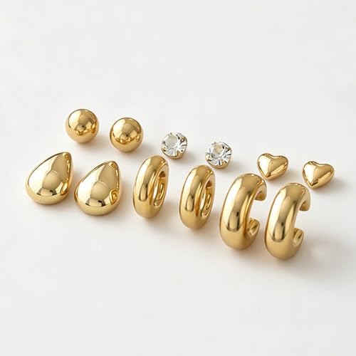 12-24pcs Handmade Crystal Heart CZ Earrings Pack Chunky Gold Earrings for Women Drop Stainless Steel Earrings Set - color: VC003/Drop12p/Gold
