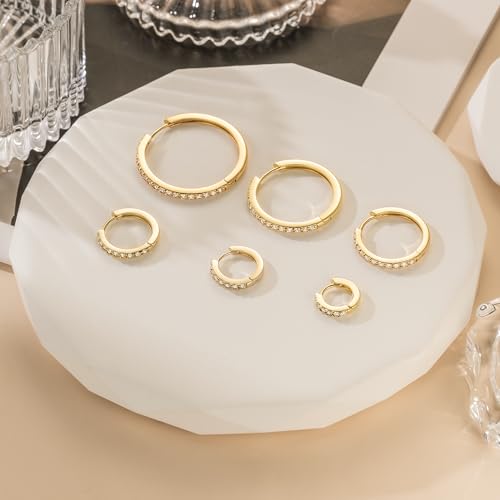 NEARLAND 14K Gold Hoop Earrings for Women 14K Gold Earrings for Women | Small Gold Hoop Earrings for Women Round Cubic Zirconia Lightweight Gold Huggie Hoop Earrings for Women 12/14/16/20/25/30mm - size: 16mm