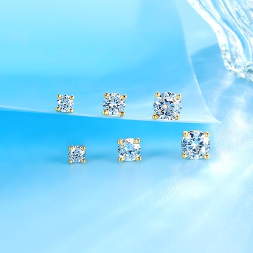 18K White/Yellow Gold Plated Stud Earrings for Men Women 4 Prong Graduated Round Clear Cubic Zirconia Hypoallergenic Earrings Set 3-8MM - color: Yellow Gold Plated, size: Pack-3/4/5MM