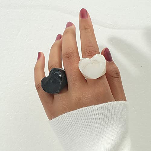 Resin Chunky Rings for Women Multicolor Acrylic Plastic Rings Set Cute Trendy Aesthetic Y2k Statement Rings Thick Dome Heart Knuckle Finger Jewelry - color: Heart White+black
