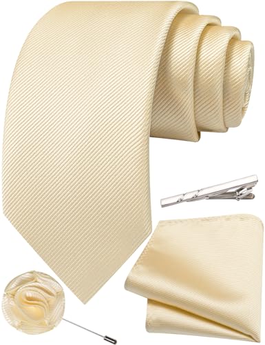 Solid Color Tie and Pocket Square with Tie Clip Lapel Pin Silk Formal Necktie Set Wedding Formal - color: Light Yellow