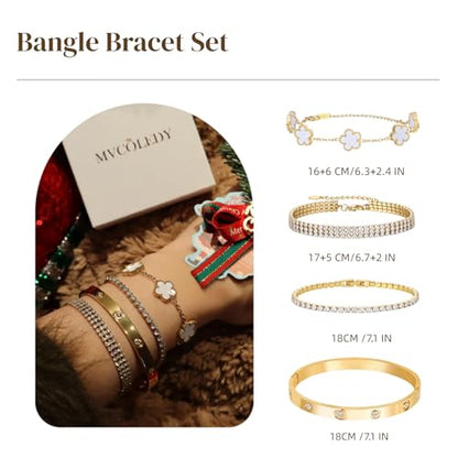 18 K Gold Plated Love Bangle Bracelet Stack for Women,Set of 4 Floral Clover Chain, Tennis Crystal &Gold Stackable Bangle Bracelet -Adjustable Layered Jewelry Gift for Wife Valentines Mother's Day-MVCOLEDY - color: White Flower CZ