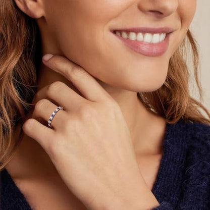 Birthstone Rings Eternity Band 925 Sterling Silver/Yellow Gold-Plated Created Gemstone Stackable Wedding Band 2.7mm Thin Half Eternity Rings for Women Size 6 to 10 - color: 09-Sapphire-Sep.