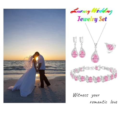 LMXXVJ Jewelry Set for Women,Teardrop Cubic Zirconia Necklace Earrings Adjustable Ring Bracelet Jewelry Set Formal Jewelry Gift - color: ZYSD-White Gold-Pink