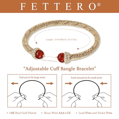 Fettero Gold Cuff Bangle Bracelets for Women - Adjustable Open Cuff Bangles 14K Gold Plated Charm Twisted Cable Bangle Bracelet for Mom Dainty Jewelry Gift - color: Red