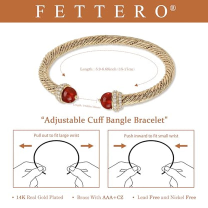 Fettero Gold Cuff Bangle Bracelets for Women - Adjustable Open Cuff Bangles 14K Gold Plated Charm Twisted Cable Bangle Bracelet for Mom Dainty Jewelry Gift - color: Red