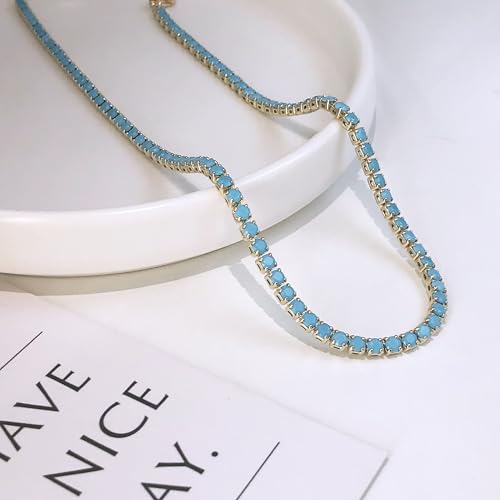 Luxval Tennis Necklace 14K Gold Plated Rhinestone Butterfly Choker Necklaces for women Dainty Zirconia Cut Faux Diamond chain 3mm - color: Gold-Turquoise tennis