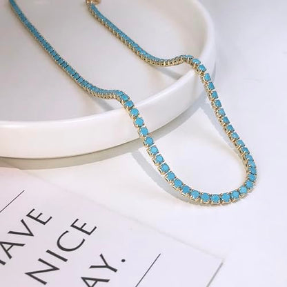 Luxval Tennis Necklace 14K Gold Plated Rhinestone Butterfly Choker Necklaces for women Dainty Zirconia Cut Faux Diamond chain 3mm - color: Gold-Turquoise tennis