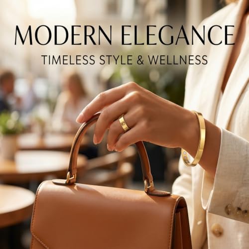 Calming Bracelet Ring Set for Women, Menopause Bracelets Adjustable Bangle Stainless Steel Cuff Climacterium Anxiety Stress Relief Energy Open Jewelry Gift - color: Gold + Gold