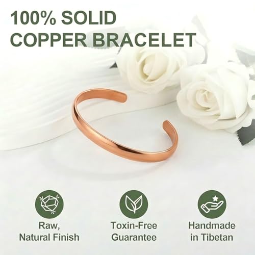 Pure Copper Bracelet – Copper Bracelet for Men & Women – 100% Solid, Raw & Uncoated Handmade Hammered Tibetan Cuff Bangle - color: Mirror Finish
