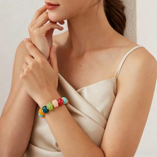 VIBILIA Chunky Beaded Bracelet for Women Multicolor Big Resin Acrylic Bead Elastic Stretch Bracelet, Trendy Statement Bracelets Boho Summer Beach Vacation Charm Jewelry - color: Round-Colorful