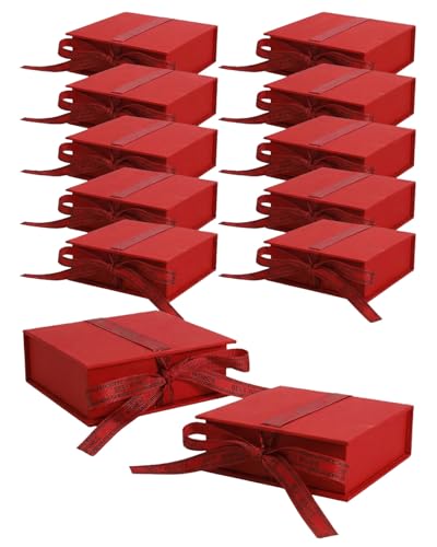 Flip Up Jewelry Gift Box, 12 Pack Velvet Lined Earring Box with Ribbon, Necklace & Bracelet Packaging, Small Jewelry Organizer, Ring & Bracelet Box, Travel Jewelry Case, 4.2 x 4 x 1.38 Inches (Red) - color: Red