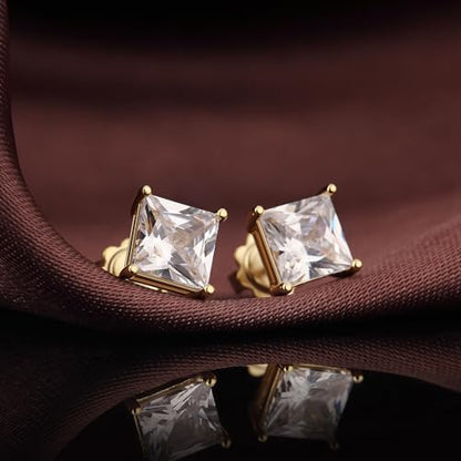 925 Sterling Silver Cubic Zirconia Stud Earrings for Women/Men Hypoallergenic Stud Earrings 4MM-8MM - style: E: Square Stud-Yellow