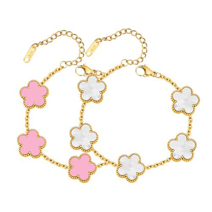 Women Gold Bracelets Jewelry Set - 3Pcs 18K Gold Plated Floral Bracelet,Stainless Steel Charm Bracelet Non-Tarnish,Adjustable Lucky Chain Trendy Gift,Christmas Valentines Birthday Gifts for Girlfriend - style: White&Pink