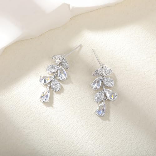 Gemsme Bridal Wedding Earrings for Brides Bridesmaides, 925 Sterling Silver Posts hypoallergenic Cubic Zirconia stud,Drop & Dangle Earrings for Women Jewelry Gifts - color: White - Leaf Shape
