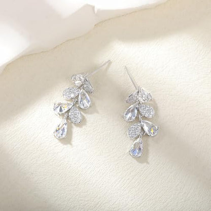 Gemsme Bridal Wedding Earrings for Brides Bridesmaides, 925 Sterling Silver Posts hypoallergenic Cubic Zirconia stud,Drop & Dangle Earrings for Women Jewelry Gifts - color: White - Leaf Shape