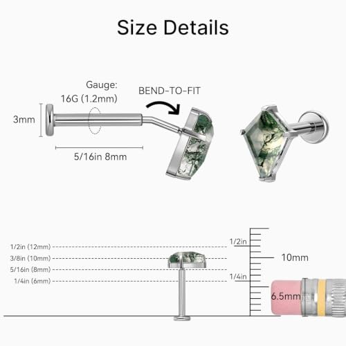 1PC ASTM F136 Titanium Push Pin Moss Agate Stone Flat Back Earrings 16G 8mm for Helix Conch Tragus - color: Rhombus-Tit