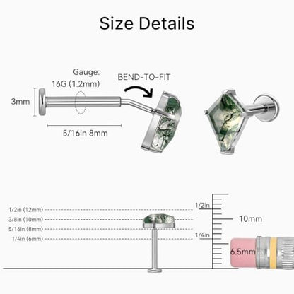 1PC ASTM F136 Titanium Push Pin Moss Agate Stone Flat Back Earrings 16G 8mm for Helix Conch Tragus - color: Rhombus-Tit