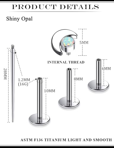 16G Astm F136 Titanium Internal Thread Flat Back Earrings Nose Studs Tragus Forward Helix Conch Cartilage Lobe Earrings Stud Medusa Labret Monroe Lip Ring Piercing Jewelry For Women Men - size: 16G--Style I-Opal