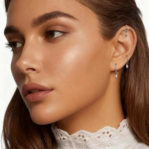 Ourania 16G Gold Stainless Steel Zircon Dangle Huggie Hoop Rook Piercing Helix Hoop Earring Tragus Hoop Cartilage Piercing for Women - color: Eyes Silver 2PCS, size: 1.2*10mm 2pcs