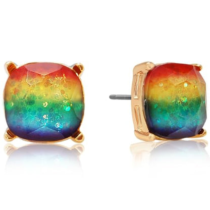 Large Square Stud Earrings for Women - Big Sparkly Rhinestone Studs | Plated in Gold Tone or Silver Tone, Hypoallergenic and Safe for Sensitive Ears - color: Rainbow Glitter