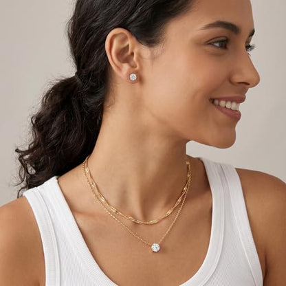 7-Piece Set 14K Gold Plated Jewelry Set Dainty Layered Necklaces CZ Stud Earring Huggie Hoop Earrings Chain Bracelets Gifts for Women - color: Style A-Gold-Necklaces Earrings