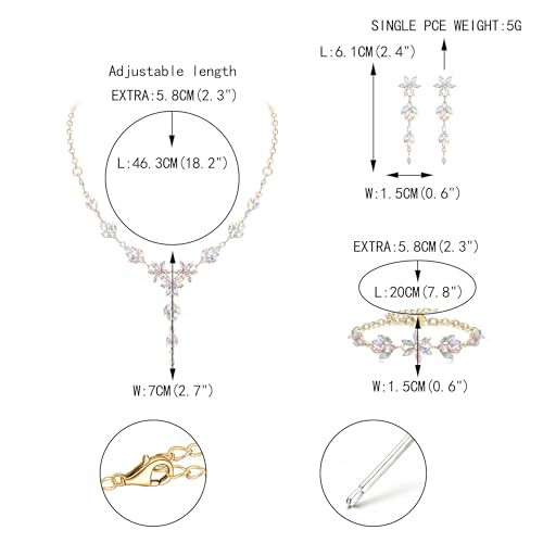 EVER FAITH Crystal Flower Wedding Prom Jewelry Set for Bride Bridesmaid | Rhinestone Costume Party Y-Shaped Necklace Dangle Earrings Bracelet, for Women - color: Iridescent AB Gold-Tone