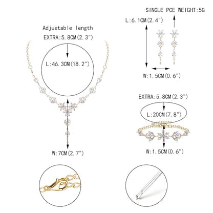 EVER FAITH Crystal Flower Wedding Prom Jewelry Set for Bride Bridesmaid | Rhinestone Costume Party Y-Shaped Necklace Dangle Earrings Bracelet, for Women - color: Iridescent AB Gold-Tone
