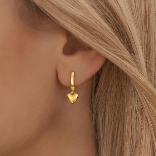 Heart Earrings for Women Girls-Sterling Silver Heart Dangle Hoop Earrings with Charm Love Huggie Hoop Earrings Hypoallergenic Delicate Jewelry Gifts for Women Girls Birthday - color: gold