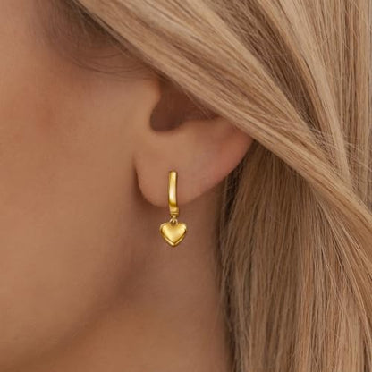 Heart Earrings for Women Girls-Sterling Silver Heart Dangle Hoop Earrings with Charm Love Huggie Hoop Earrings Hypoallergenic Delicate Jewelry Gifts for Women Girls Birthday - color: gold