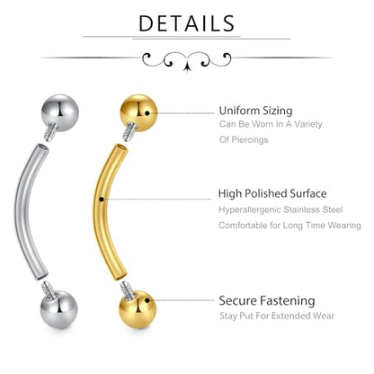 D.Bella 16G Eyebrow Piercing Jewelry Daith Rook Earrings Stianless Steel Internal Thread Curved Barbell Vertical Labret Lip Belly Ring Snug Tragus Piercing 8mm/10mm/12mm - color: black