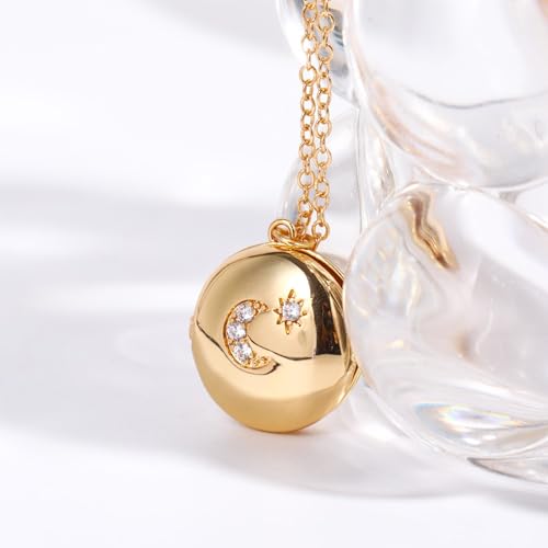 Locket Necklace for Women, Vintage Dainty Gold Heart Oval Butterfly Star Moon Engraved Picture Photo Lockets Pendant Necklaces Memorial Necklace Personalized Jewelry Valentine Gifts - style: Star Moon Round