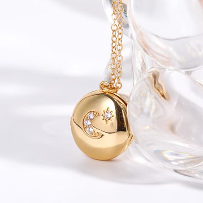 Locket Necklace for Women, Vintage Dainty Gold Heart Oval Butterfly Star Moon Engraved Picture Photo Lockets Pendant Necklaces Memorial Necklace Personalized Jewelry Valentine Gifts - style: Star Moon Round
