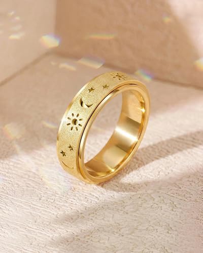 Fidget Toys Adults Anxiety Ring Women Men Stress Relief Band Spinner Sun | Celestial Sun Moon Star Stainless Steel Band Hollowed Sandblasted Surface 6mm Width18K Gold Silver Size 6-10 Unisex - color: Gold, size: Size 7