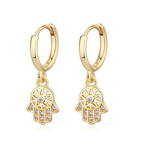 DAILY VIBES Cute Gold Mini Dangle Huggie Hoop Earrings for Women Trendy | 14K Gold Plated, Dainty Cubic Zirconia, Small Hoop Earrings with Charm Drop, Jewelry Gift for Women Ladies - color: Hamsa CZ