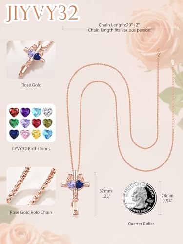 Rose Gold Cross Necklace with 2 Birthstones and Rose | Cross with Birthstone Necklace, Hypoallergenic, Adjustable Rolo Chain, Birthday Gifts, Catholic Christian Religious Jewelry - color: 06-09-Jun-Sept Birthstone