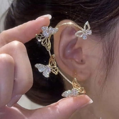 2Pcs Butterfly Ear Cuffs Rhinestone Clip On Earrings | Rhinestone butterfly ear cuffs with non piercing clip on design; silver ear wrap climber jewelry for parties and weddings - style: Style C Gold