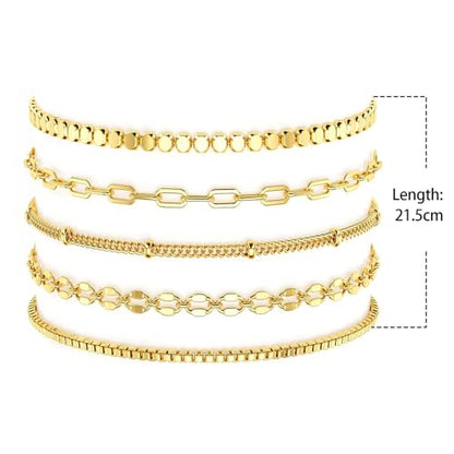 Gold Plated Layered Bracelet Set, Adjustable Paperclip Snake Chain Jewelry for Women - color: Box,Ball,Hollow heart,Satellite bead,Beaded