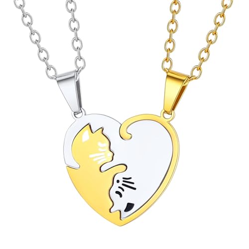 U7 Cat Pendant Necklace for Women Stainless Steel Cute Kitty Cat Jewelry Gift - style: 03-Heart Cat Set-Steel+Gold