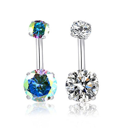 HQLA 14G Belly Button Rings Surgical Stainless Steel Round Cubic Zirconia Navel Barbell Stud Body Piercing - color: Clear + AB Colour