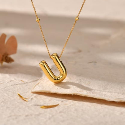 LUCA SMITH 2-Piece Initial Necklaces for Women, Dainty Balloon Bubble A-Z Letter Necklace Set, Name Letter Alphabet Pendant Layered Choker Necklaces Personalized Jewelry Gift - color: Gold bubble letter necklace, style: Initial Set-U