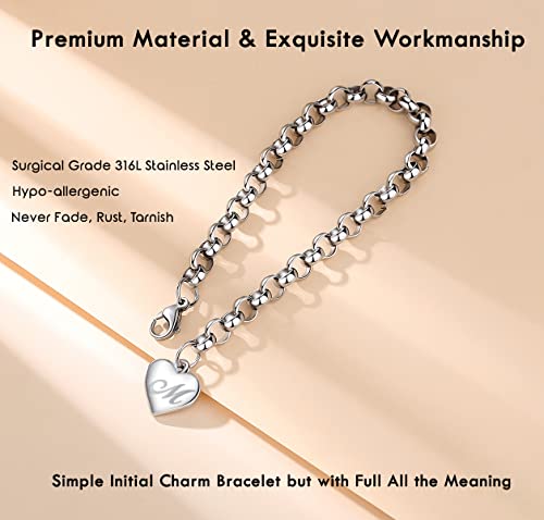 TONY & SANDY Initial Charm Bracelets for Girls Women Stainless Steel A-Z Bracelet Personalized Gifts Birthday Graduation Easter Basket Stocking Stuffers for Teens Girls Women Jewelry - style: M - Heart
