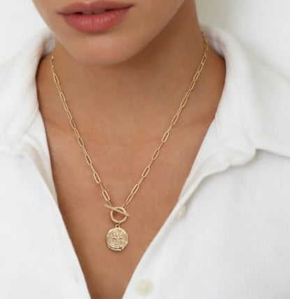SOFYBJA Saint Benedict Necklace Drop 18K Gold Toggle Medallion Coin Cross Pendant Necklaces Religious Jewelry Catholic Gift for Women - color: Gold Iris