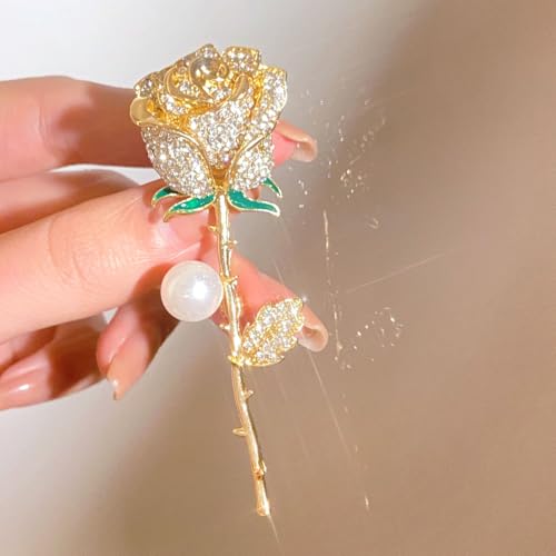 Anmpab Sparkling Rose Flower Brooch with Rhinestone Luxury Crystal Floral Pearl Pin for Women Wedding Bridal Jewelry for Blazer Dress Scarf Hat - color: Gold