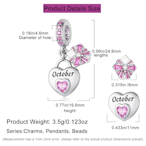 HappyStar 925 Sterling Silver Happy Birthday Bead Charm Love Heart Shape Birthstone Charms for Bracelets Dangle Pendant with 5A Cubic Zirconia Compatible Pandora Bracelets Jewelry Gift for Women - color: 91-October Birthstone Charms