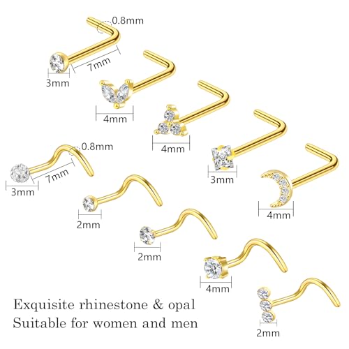 27-60 Pcs Nose Rings for Women Nose Piercing Jewelry Silver Nose Rings Studs 20G Surgical Nose Rings Hoops Nose Rings L Shaped Studs Screw Stainless Steel Nose Piercings for Women Men - color: gold-20G-18 pcs