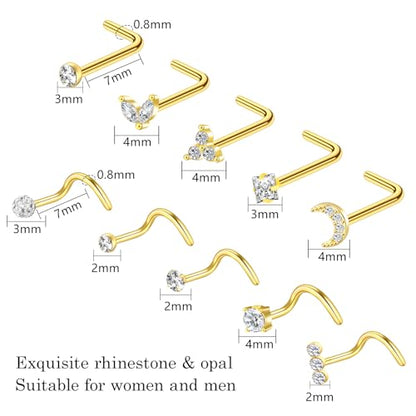 27-60 Pcs Nose Rings for Women Nose Piercing Jewelry Silver Nose Rings Studs 20G Surgical Nose Rings Hoops Nose Rings L Shaped Studs Screw Stainless Steel Nose Piercings for Women Men - color: gold-20G-18 pcs