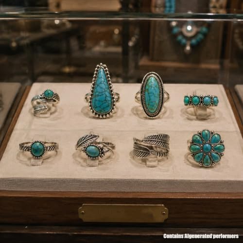 8 Pcs Bohemian Turquoise Ring for Women Western Open Vintage, Retro Ethnic Style Stackable Silver Boho Gemstone Knuckle Midi Chunky Dainty Statement Ring Set Jewelry Accessories