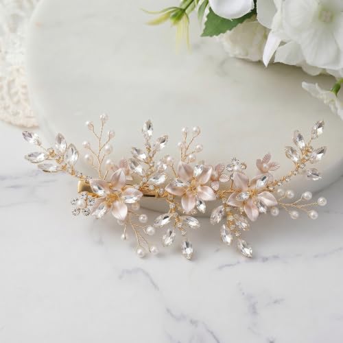 SWEETV Wedding Hair Clip for Brides Comb Bridal Hair Accessories Headpiece | Gold Handmade Flower Pearl Hair Comb Rhinestone Leaf Bridal Headpiece, Crystal Wedding Hair Pieces Brides Bridesmaids Women - color: Rose Gold
