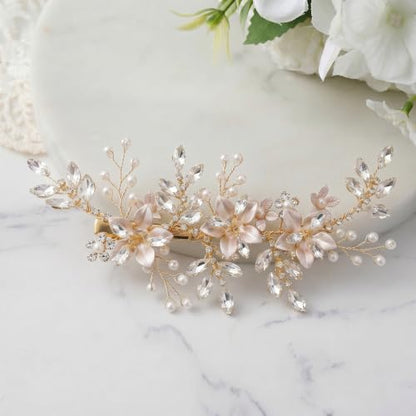 SWEETV Wedding Hair Clip for Brides Comb Bridal Hair Accessories Headpiece | Gold Handmade Flower Pearl Hair Comb Rhinestone Leaf Bridal Headpiece, Crystal Wedding Hair Pieces Brides Bridesmaids Women - color: Rose Gold